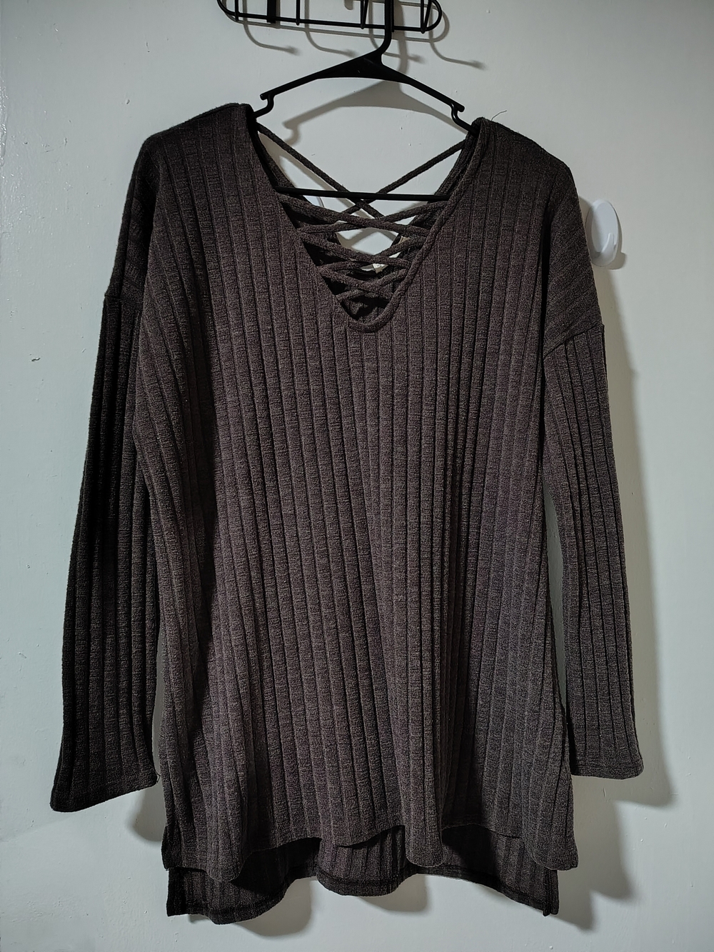 Ribbed V-Neck Crisscross Long Sleeve Top - Brown